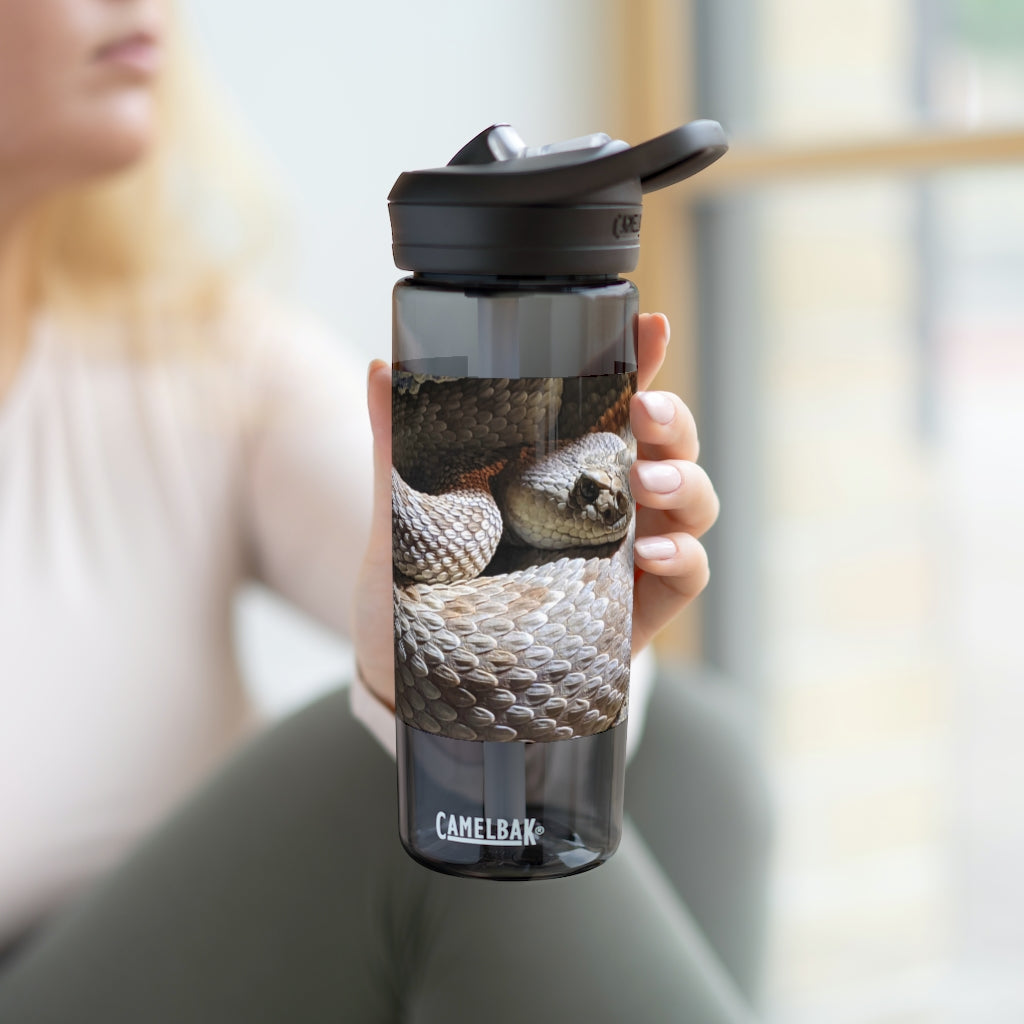 Snake CamelBak Eddy® Water Bottle in 20oz and 25oz sizes, showcasing its durable Tritan™ material and spill-proof design.