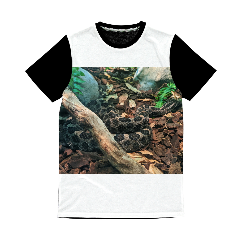 Snake Classic Sublimation Panel T-Shirt featuring a vibrant sublimation front and plain black back, ideal for custom printing.