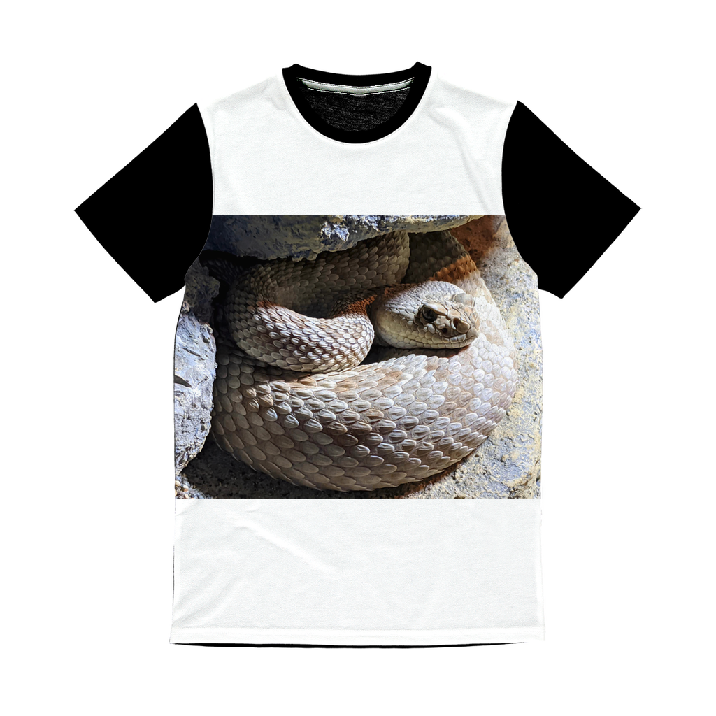 Snake Classic Sublimation Panel T-Shirt featuring a vibrant front design and a plain black back, perfect for sublimation printing.