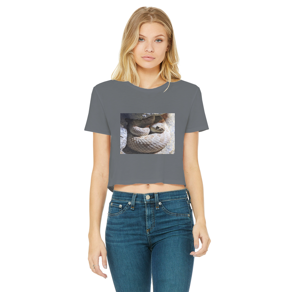 Snake Classic Women's Cropped Raw Edge T-Shirt featuring a round neck, short sleeves, and a stylish raw edge cut hem in various colors.