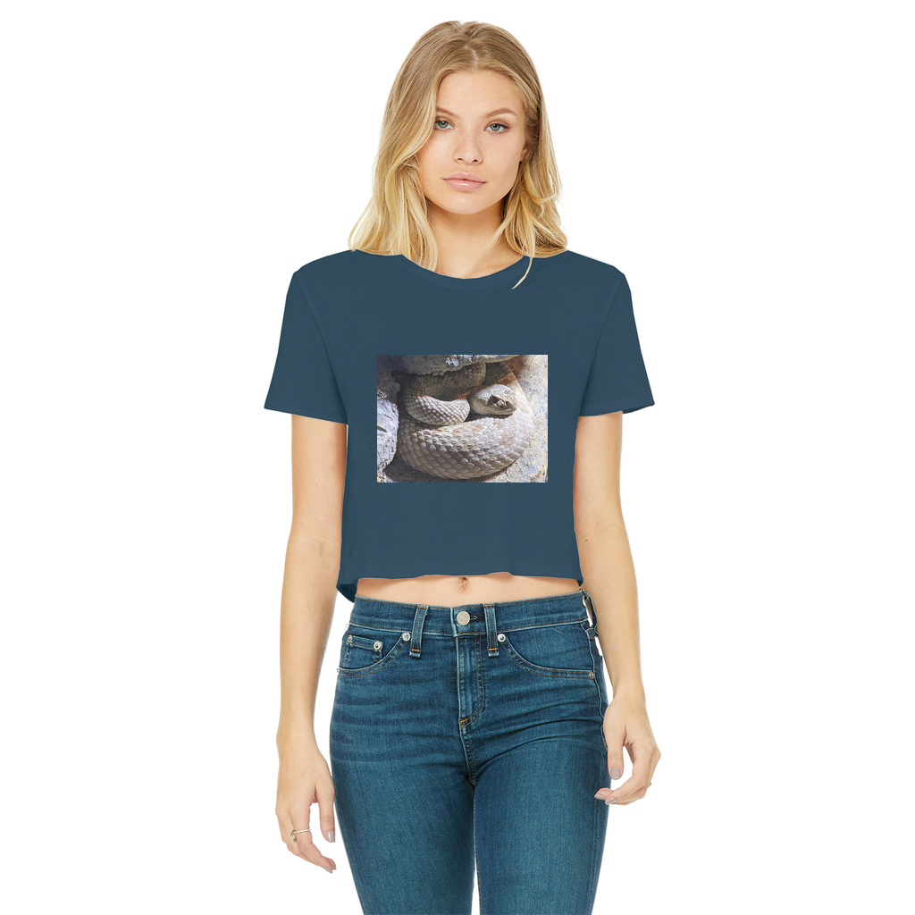 Snake Classic Women's Cropped Raw Edge T-Shirt featuring a round neck, short sleeves, and a stylish raw edge cut hem in various colors.