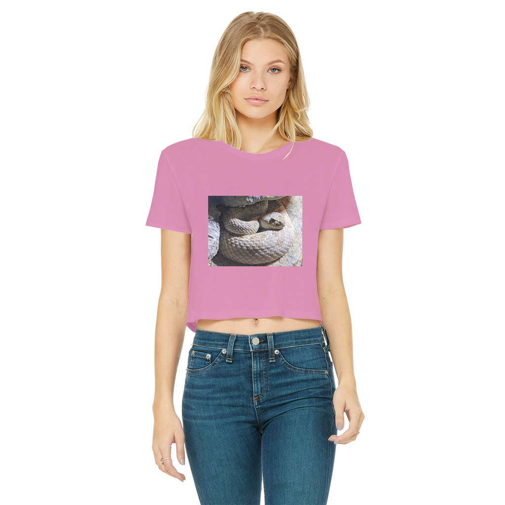 Snake Classic Women's Cropped Raw Edge T-Shirt featuring a round neck, short sleeves, and a stylish raw edge cut hem in various colors.