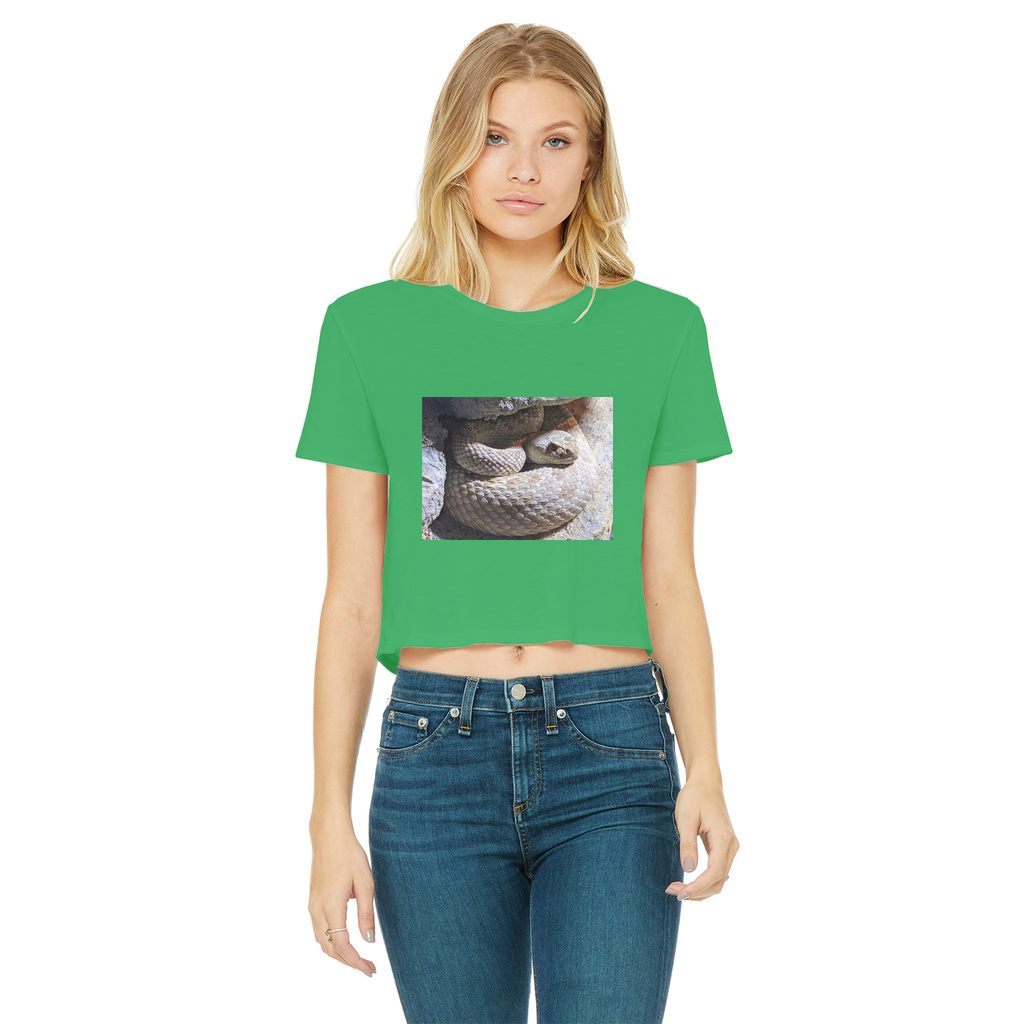 Snake Classic Women's Cropped Raw Edge T-Shirt featuring a round neck, short sleeves, and a stylish raw edge cut hem in various colors.