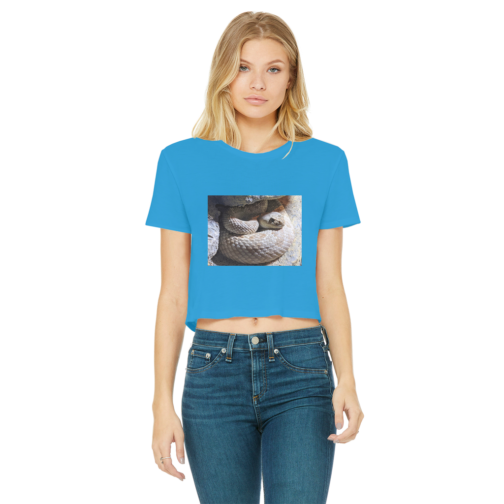 Snake Classic Women's Cropped Raw Edge T-Shirt featuring a round neck, short sleeves, and a stylish raw edge cut hem in various colors.