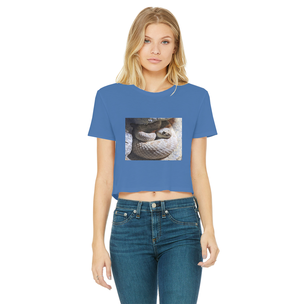 Snake Classic Women's Cropped Raw Edge T-Shirt featuring a round neck, short sleeves, and a stylish raw edge cut hem in various colors.