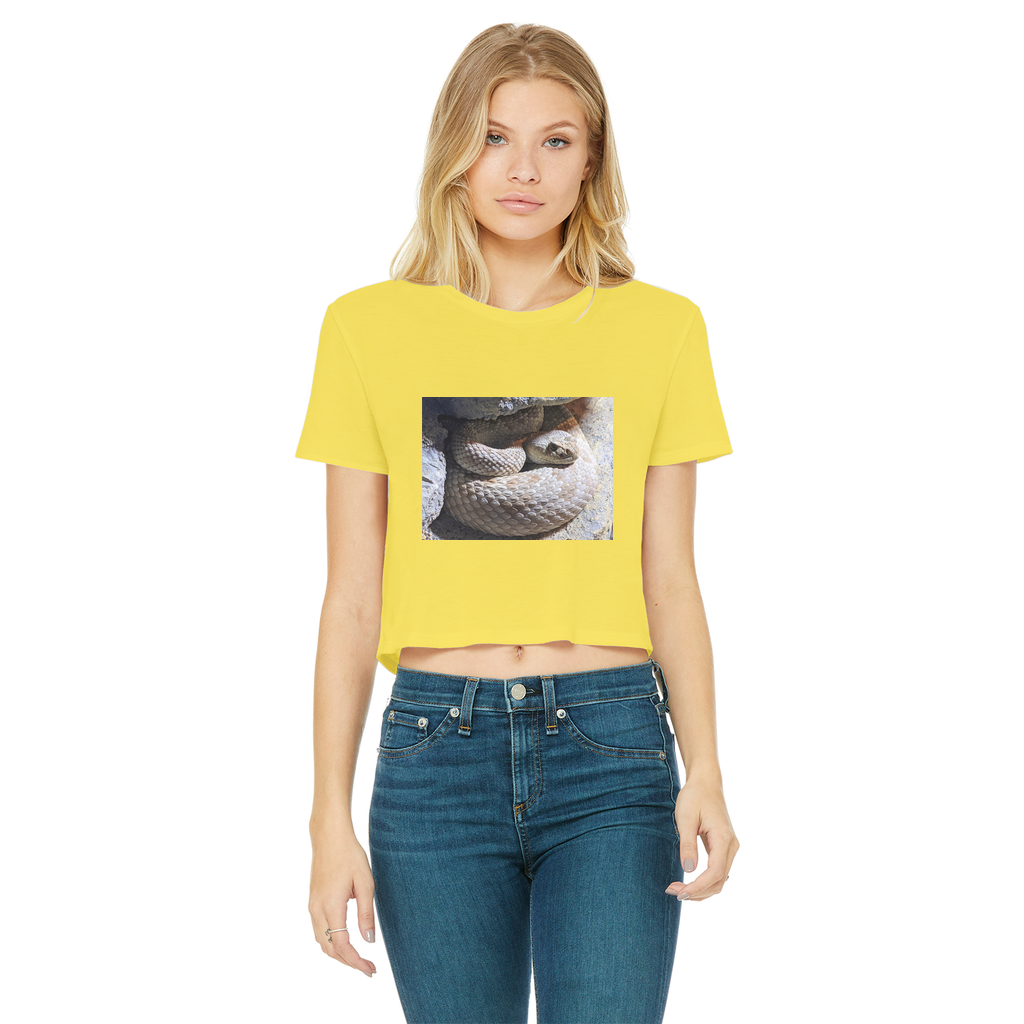 Snake Classic Women's Cropped Raw Edge T-Shirt featuring a round neck, short sleeves, and a stylish raw edge cut hem in various colors.