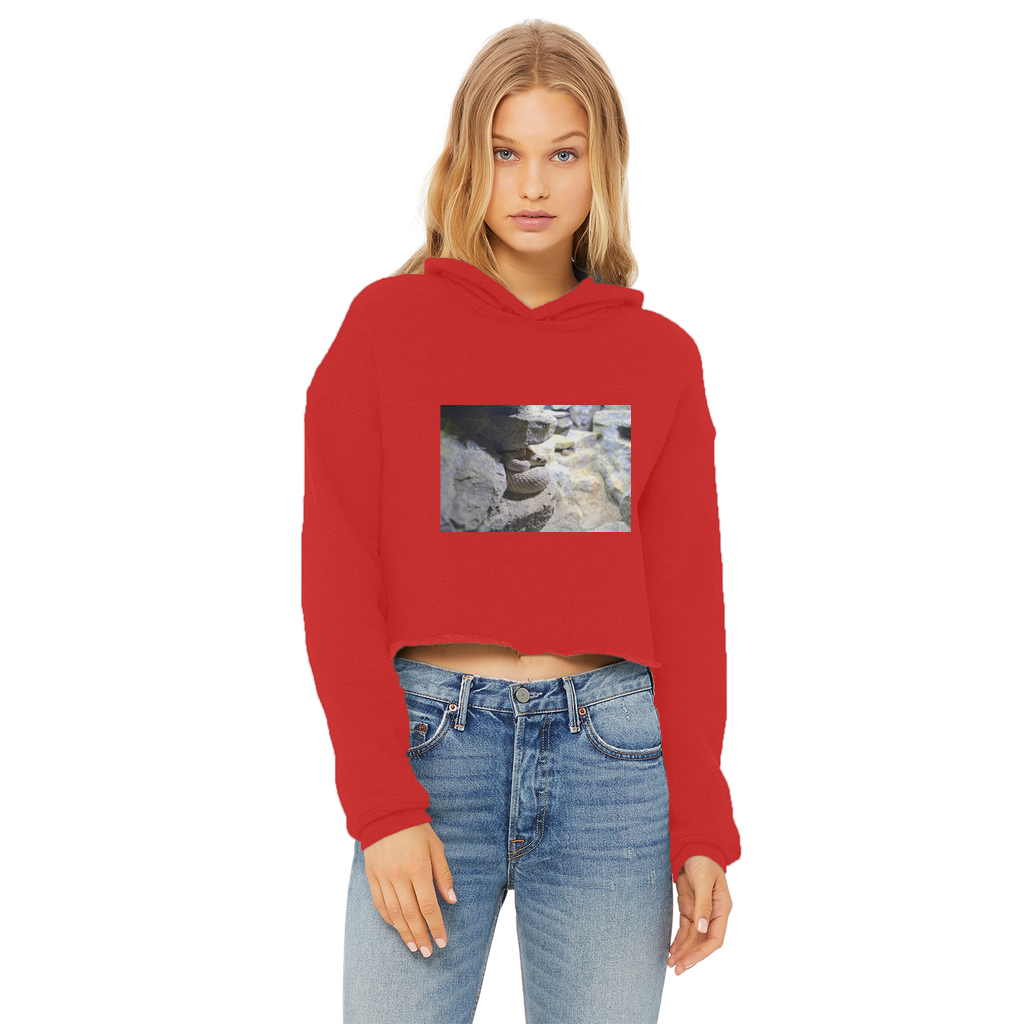 A stylish Snake Ladies Cropped Raw Edge Hoodie in various colors, featuring a raw edge hem and double fabric hood.