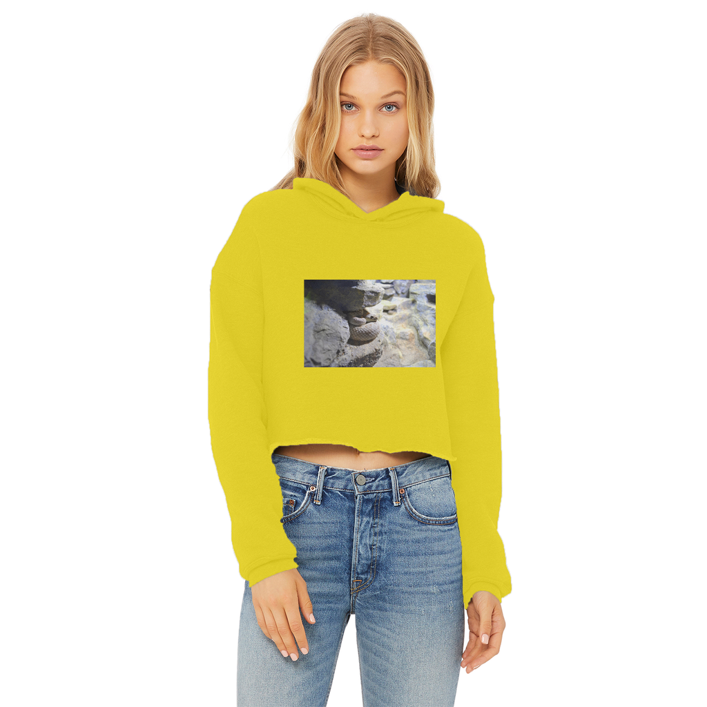 A stylish Snake Ladies Cropped Raw Edge Hoodie in various colors, featuring a raw edge hem and double fabric hood.