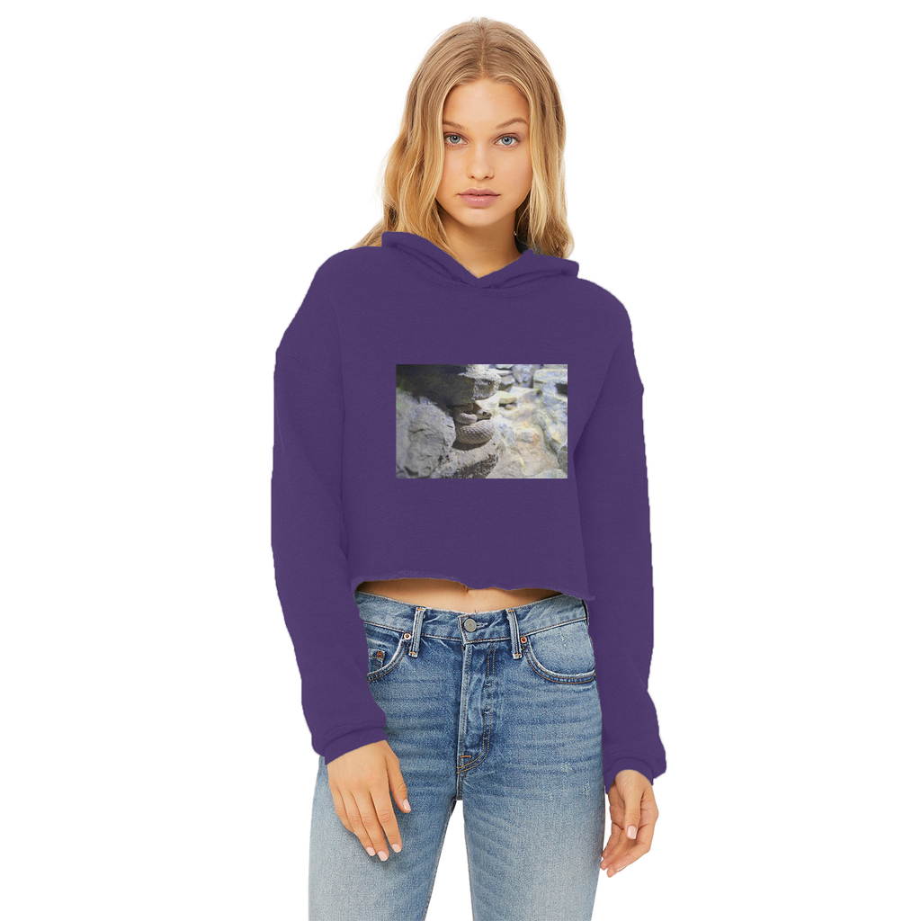A stylish Snake Ladies Cropped Raw Edge Hoodie in various colors, featuring a raw edge hem and double fabric hood.