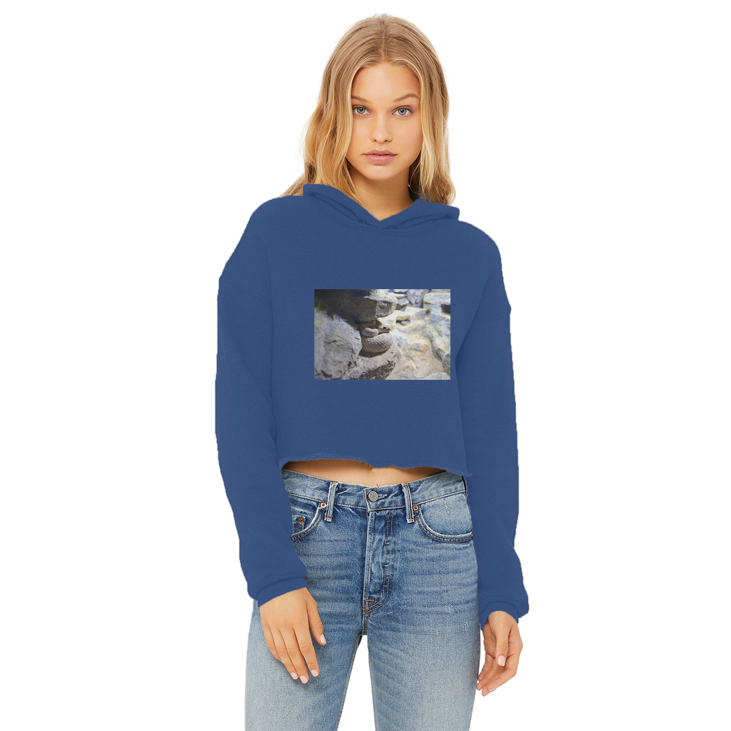 A stylish Snake Ladies Cropped Raw Edge Hoodie in various colors, featuring a raw edge hem and double fabric hood.