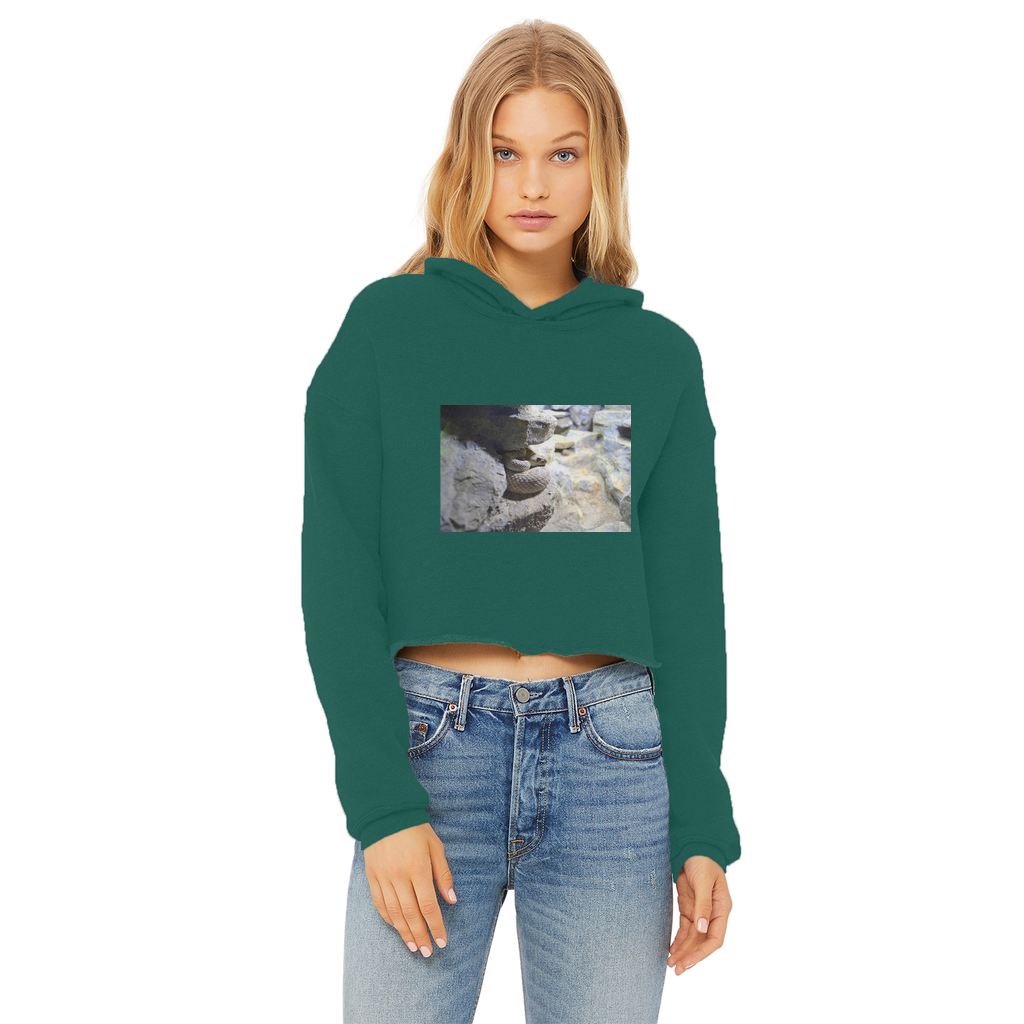 A stylish Snake Ladies Cropped Raw Edge Hoodie in various colors, featuring a raw edge hem and double fabric hood.