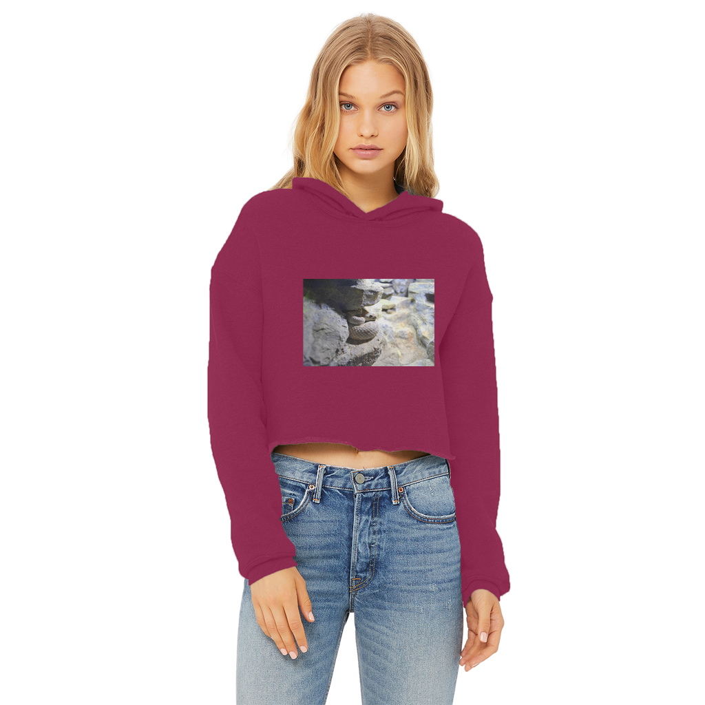 A stylish Snake Ladies Cropped Raw Edge Hoodie in various colors, featuring a raw edge hem and double fabric hood.