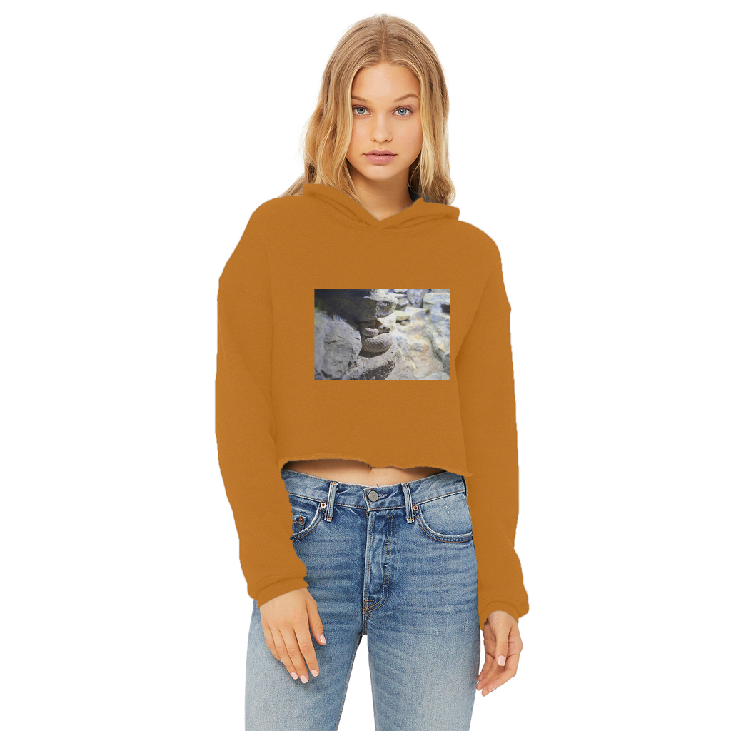 A stylish Snake Ladies Cropped Raw Edge Hoodie in various colors, featuring a raw edge hem and double fabric hood.