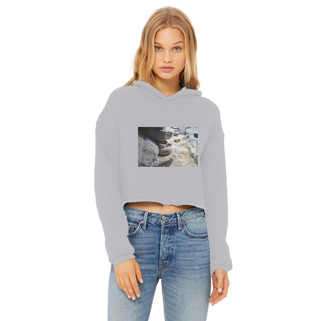 A stylish Snake Ladies Cropped Raw Edge Hoodie in various colors, featuring a raw edge hem and double fabric hood.