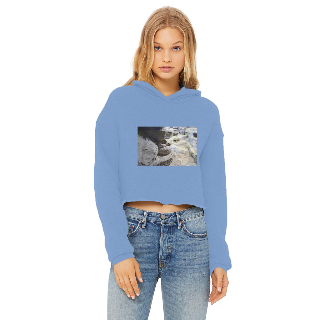 A stylish Snake Ladies Cropped Raw Edge Hoodie in various colors, featuring a raw edge hem and double fabric hood.