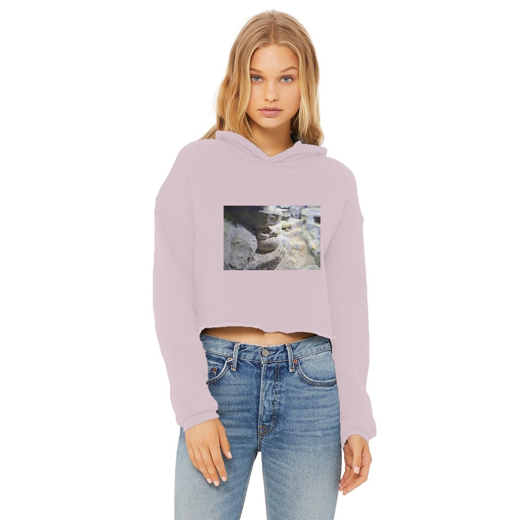 A stylish Snake Ladies Cropped Raw Edge Hoodie in various colors, featuring a raw edge hem and double fabric hood.