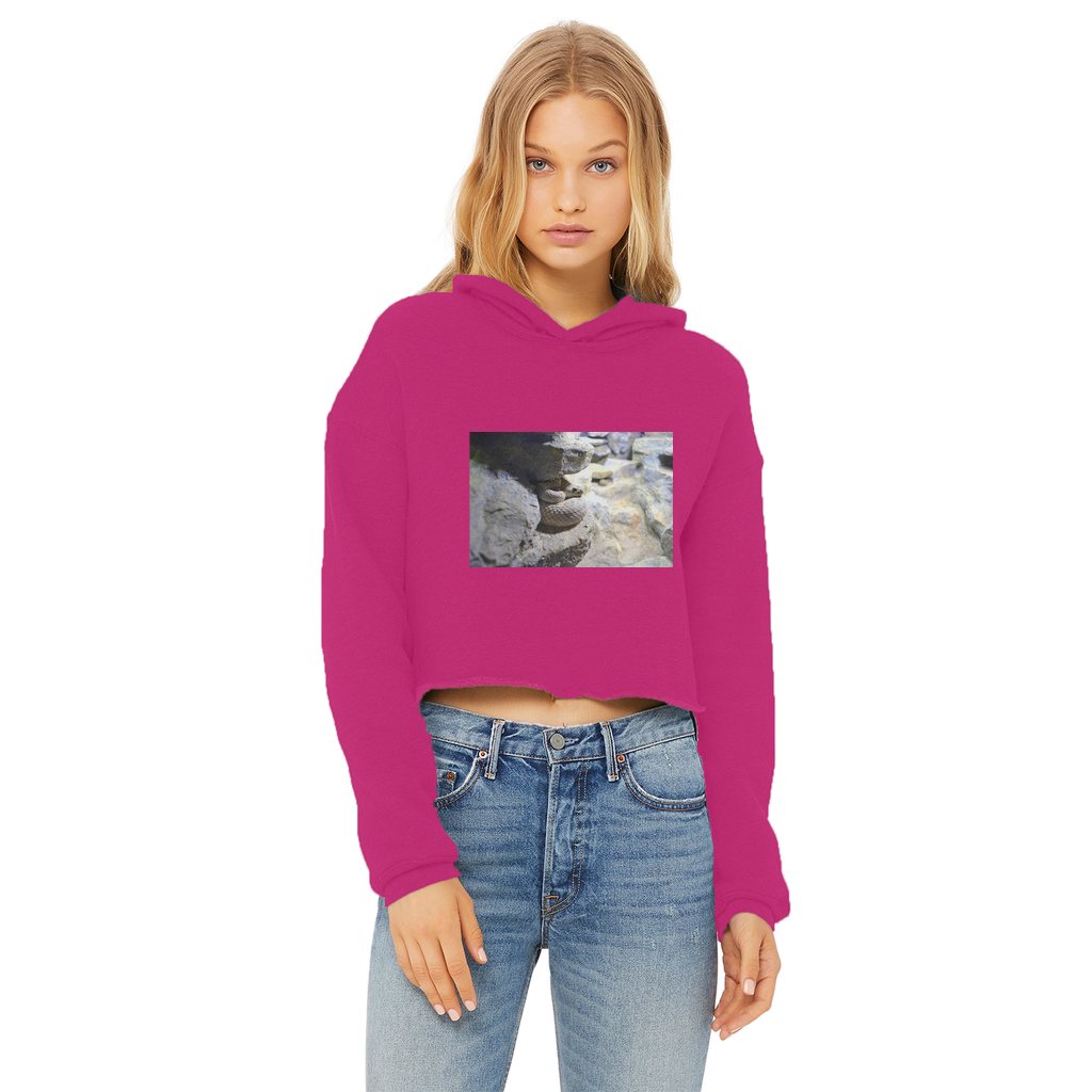 A stylish Snake Ladies Cropped Raw Edge Hoodie in various colors, featuring a raw edge hem and double fabric hood.