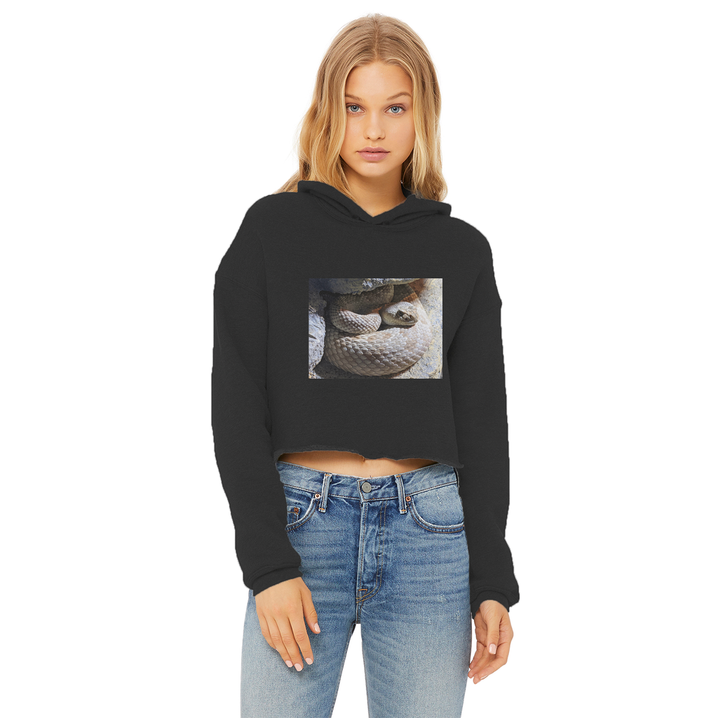 A stylish Snake Ladies Cropped Raw Edge Hoodie featuring a raw edge hem, double fabric hood, and ribbed cuffs, perfect for casual wear.