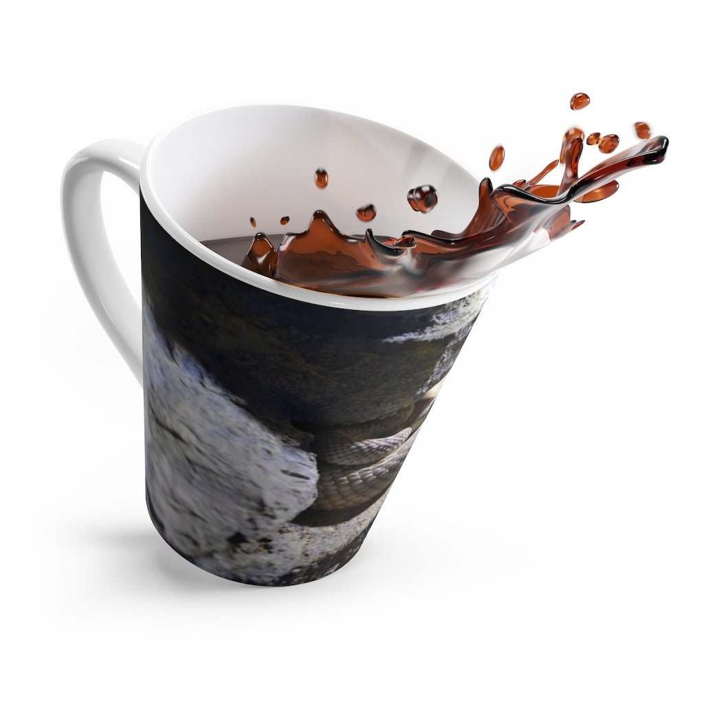 A stylish white ceramic latte mug featuring a unique snake design, perfect for coffee lovers.