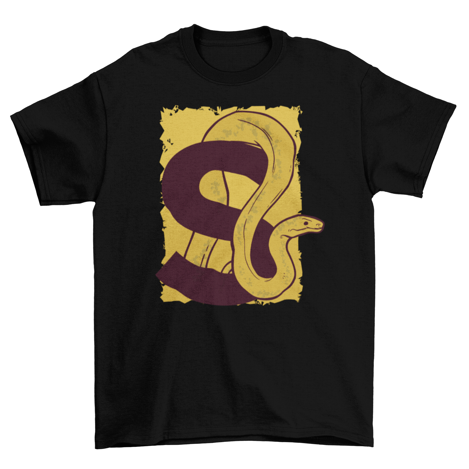 A stylish T-shirt featuring a snake design intertwined with the letter S, showcasing a unique and trendy look.