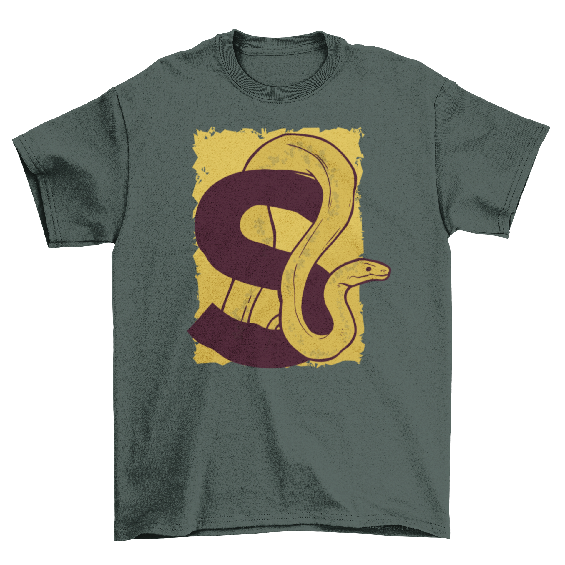 A stylish T-shirt featuring a snake design intertwined with the letter S, showcasing a unique and trendy look.