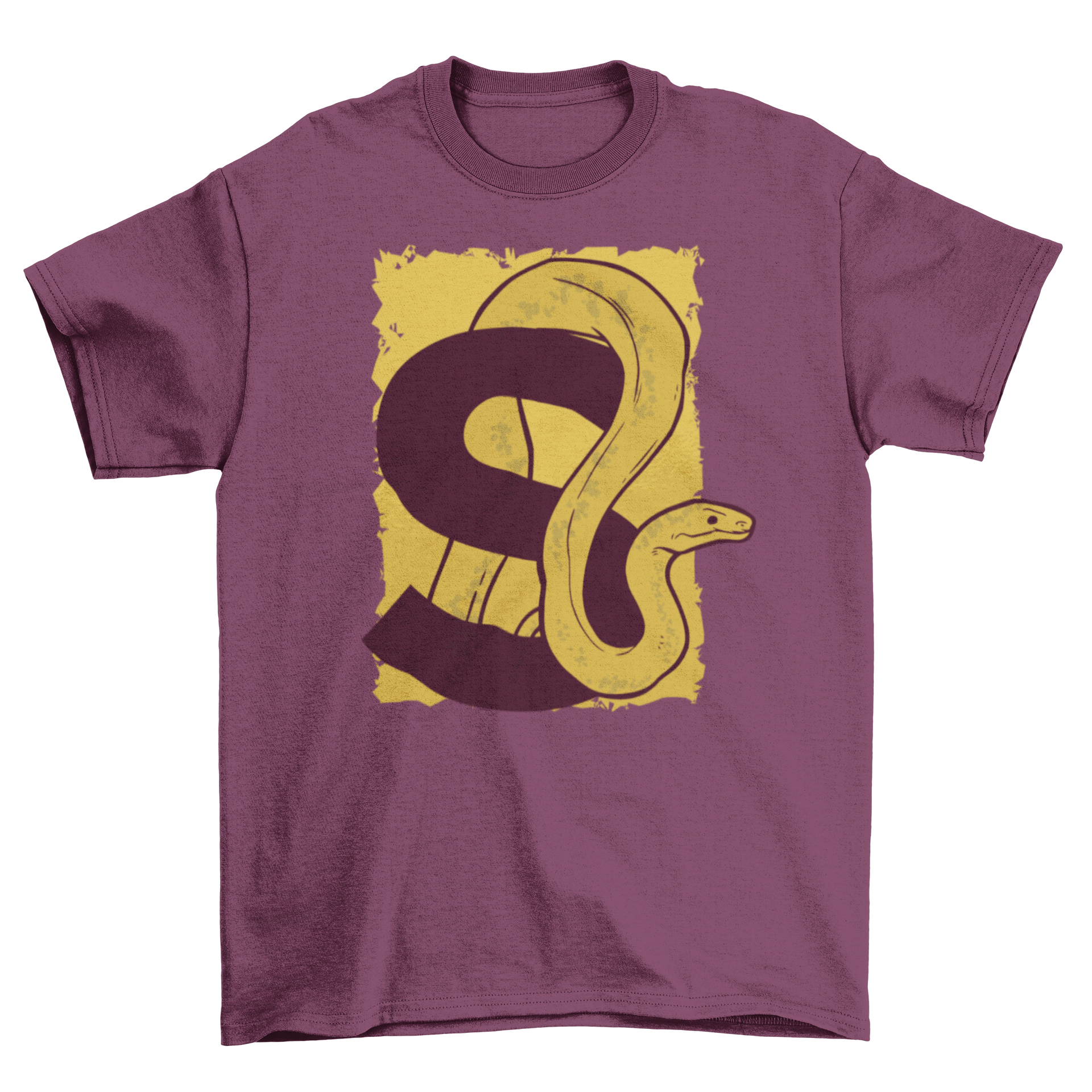 A stylish T-shirt featuring a snake design intertwined with the letter S, showcasing a unique and trendy look.