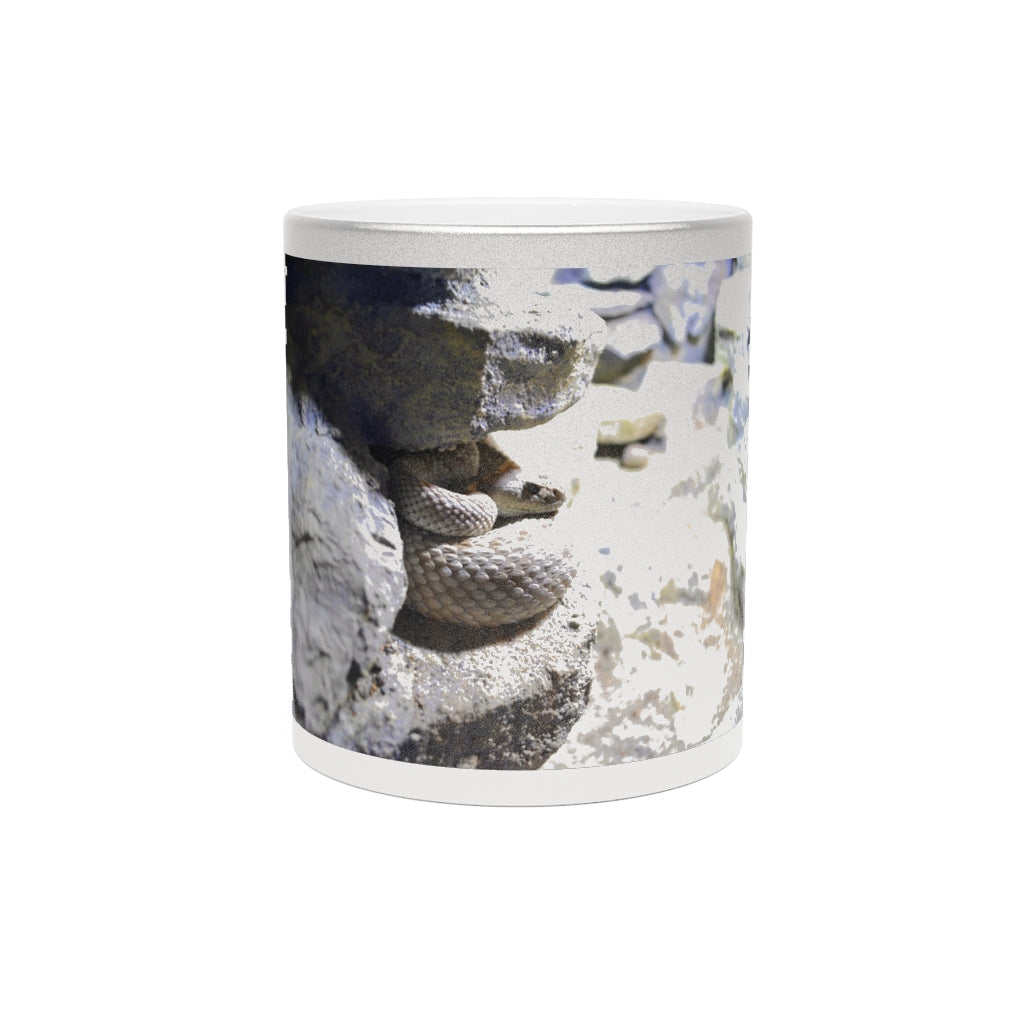 A stylish Snake Metallic Mug in Silver and Gold finishes, showcasing personalized designs on a ceramic body.