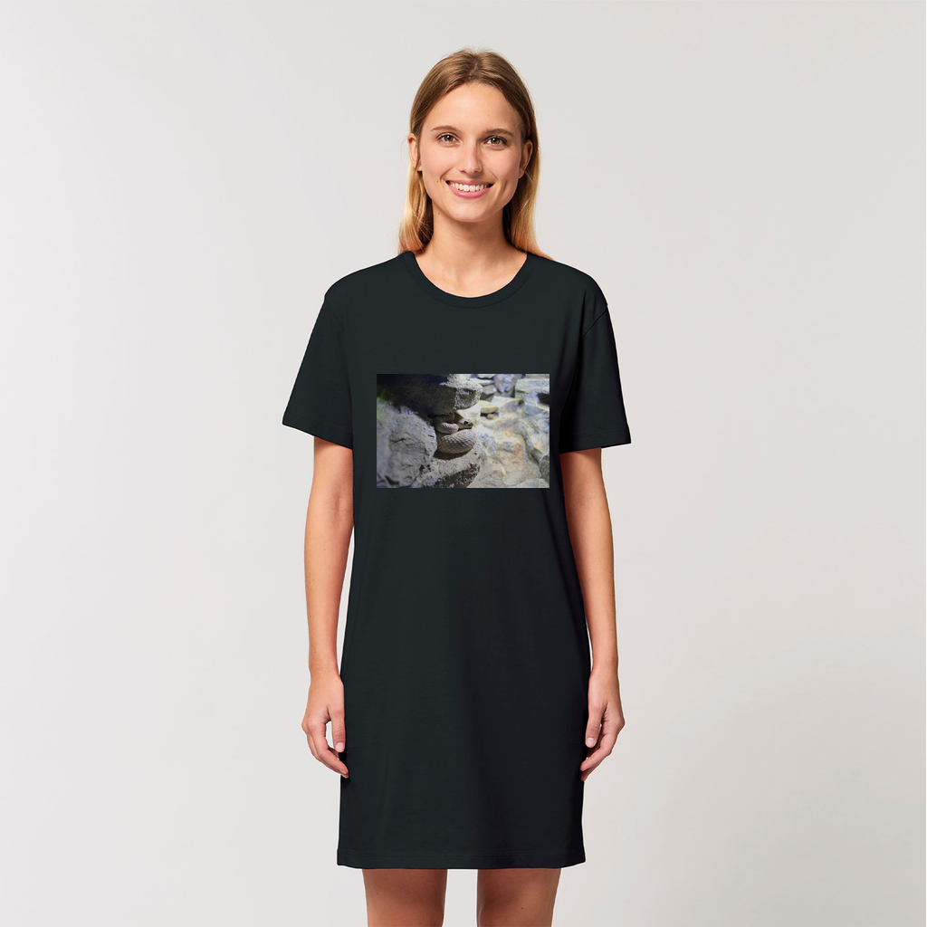 A stylish Snake Organic T-Shirt Dress made from 100% organic cotton, featuring a unique snake design and set-in sleeves.