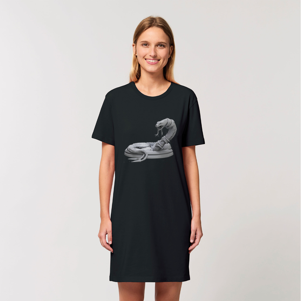 A stylish women's Snake Organic T-Shirt Dress made from 100% organic cotton, featuring a unique snake design and comfortable fit.