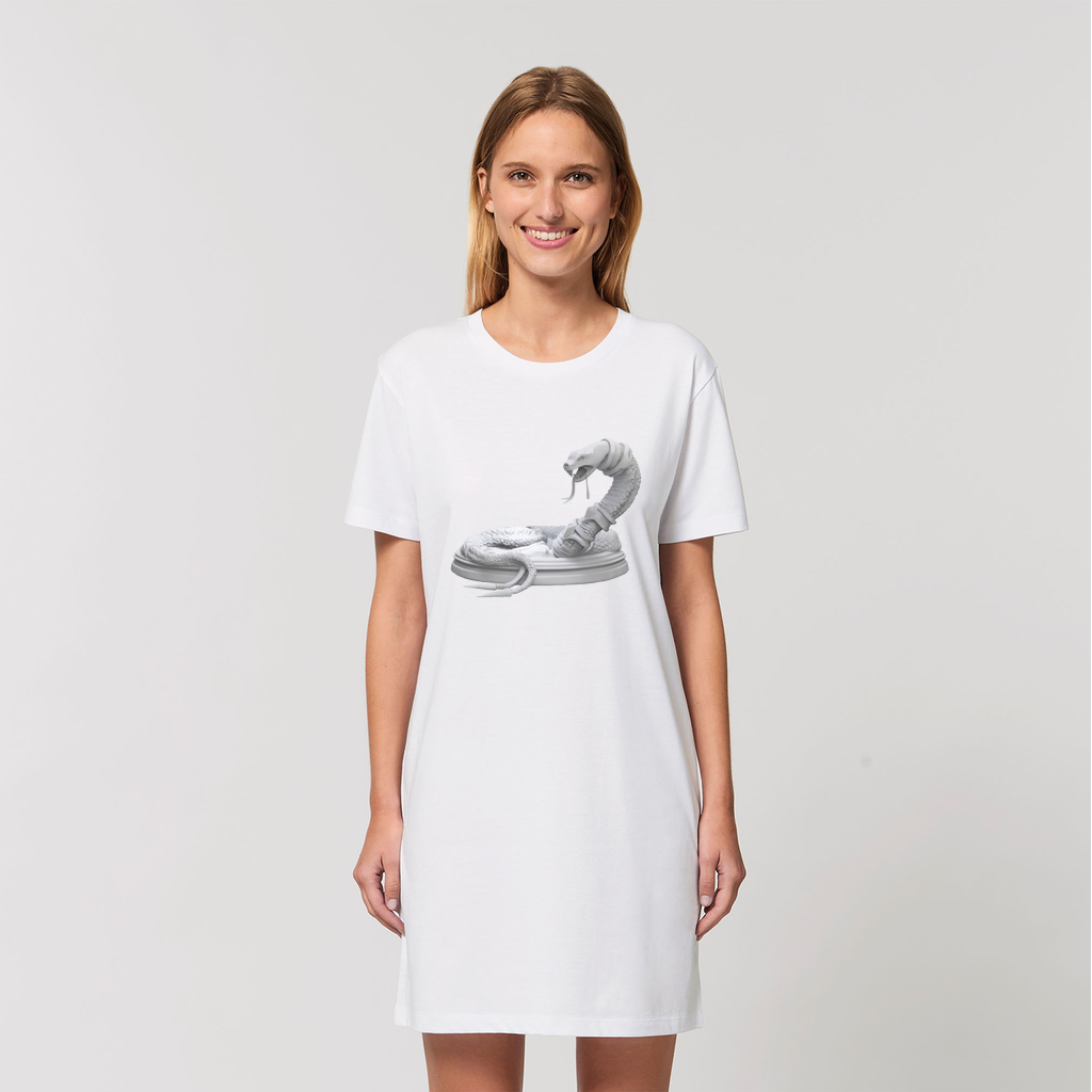 A stylish women's Snake Organic T-Shirt Dress made from 100% organic cotton, featuring a unique snake design and comfortable fit.