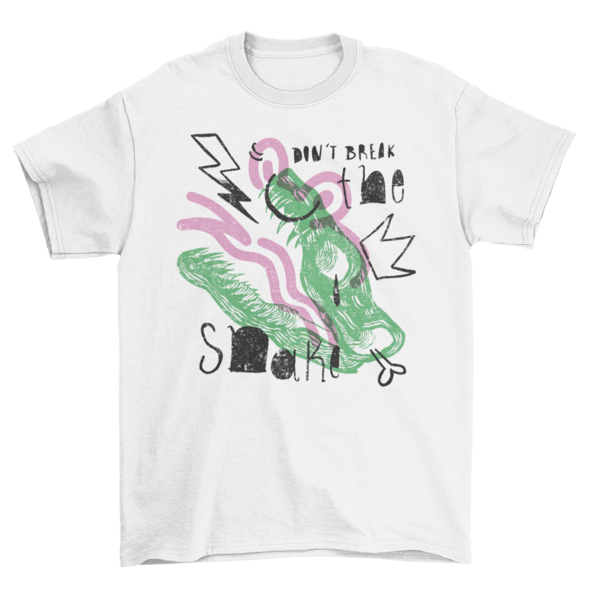 A stylish snake skull t-shirt featuring intricate doodles and the quote 'Don't break the snake'.