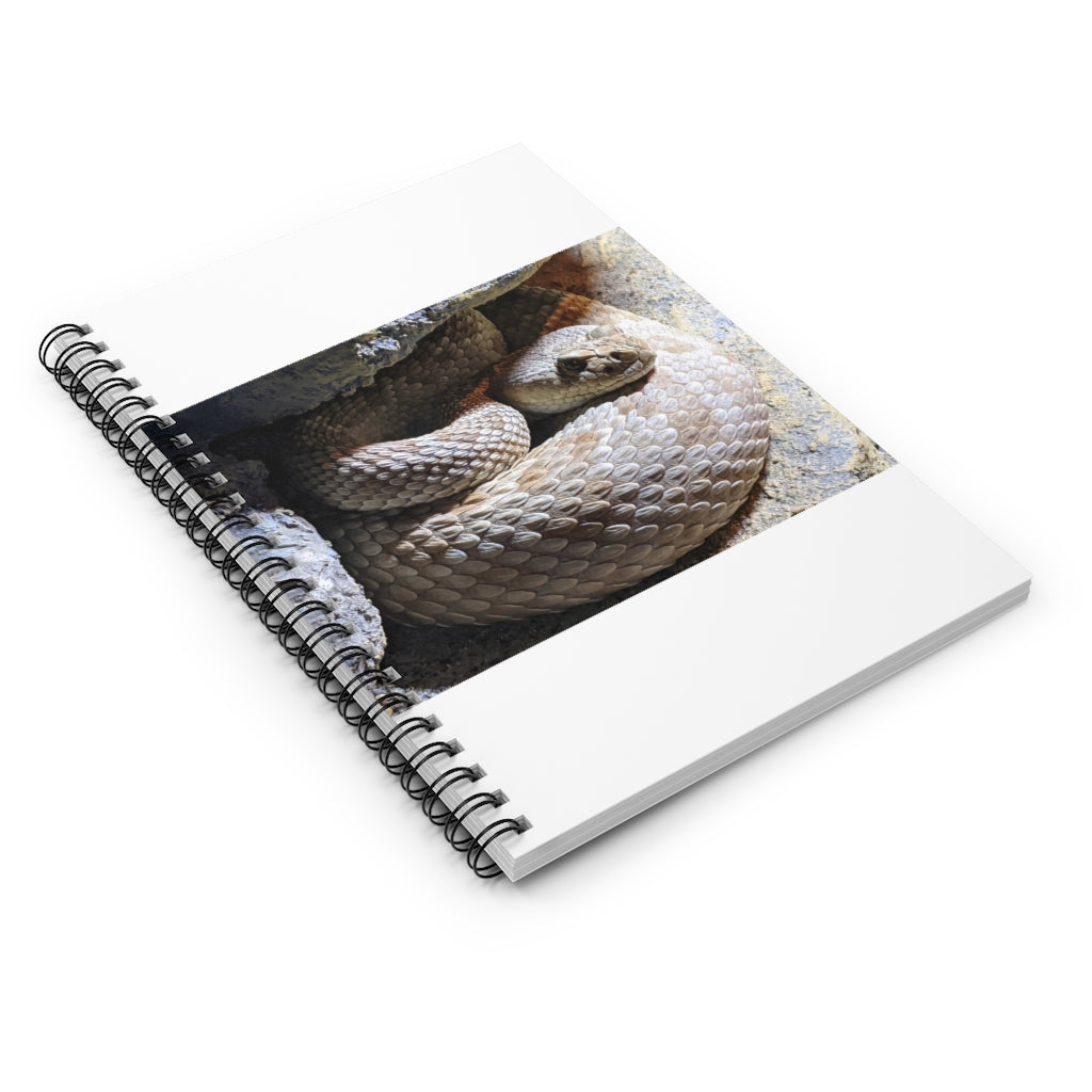 A stylish Snake Spiral Notebook featuring a vibrant snake design on the front cover and ruled line pages inside.