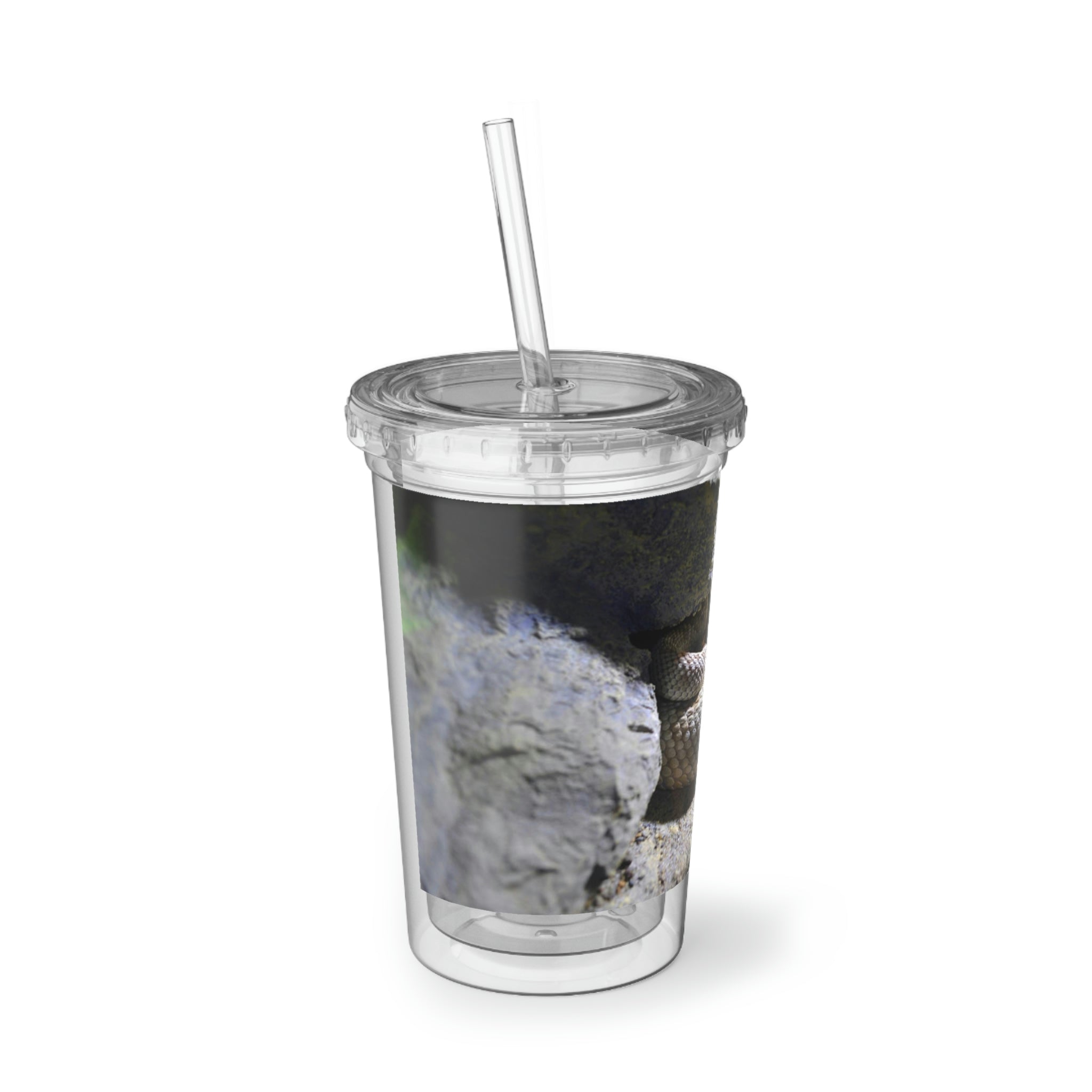 A stylish Snake Suave Acrylic Cup made of stainless steel, featuring a black screw-on cap and a plastic straw, perfect for custom designs.