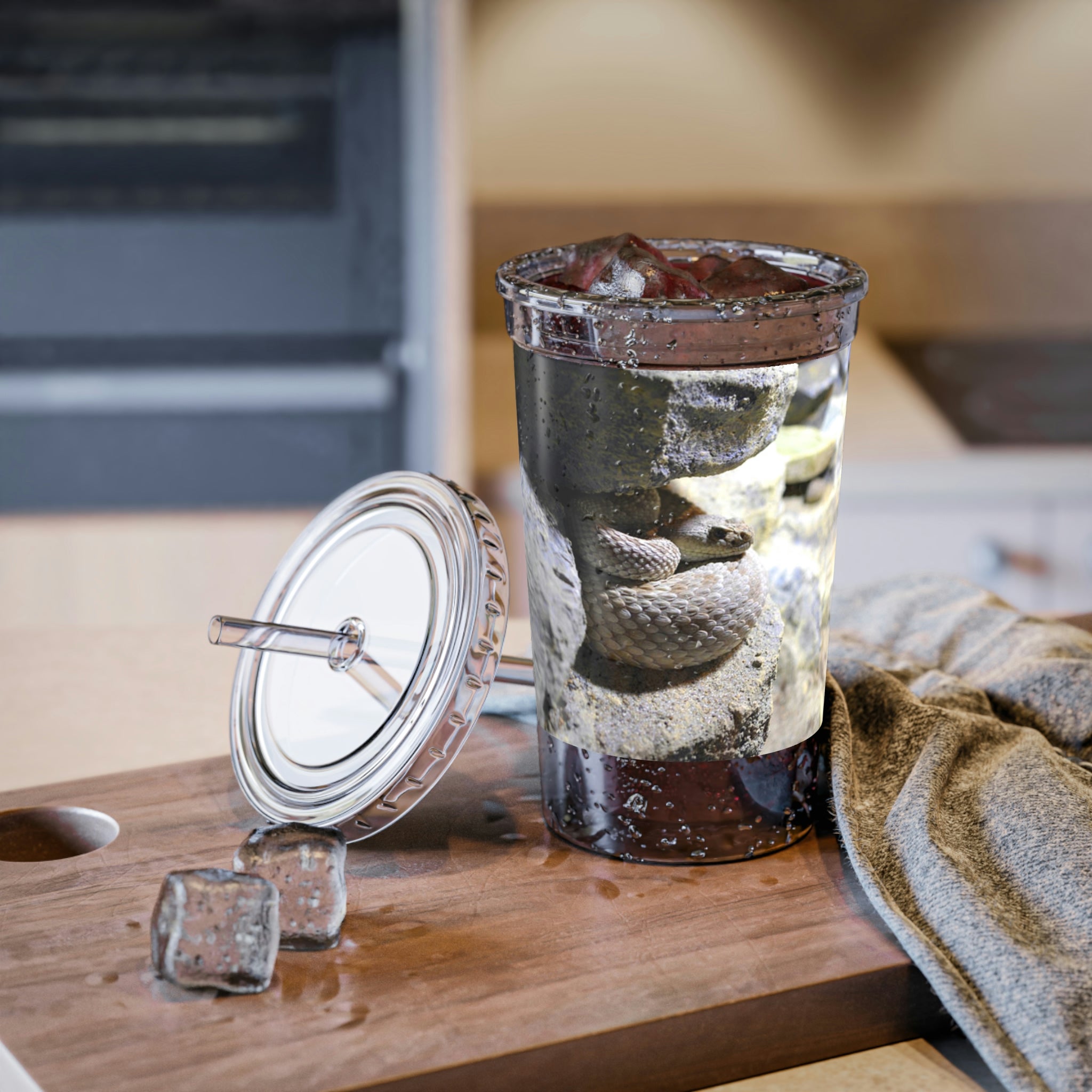 A stylish Snake Suave Acrylic Cup made of stainless steel, featuring a black screw-on cap and a plastic straw, perfect for custom designs.