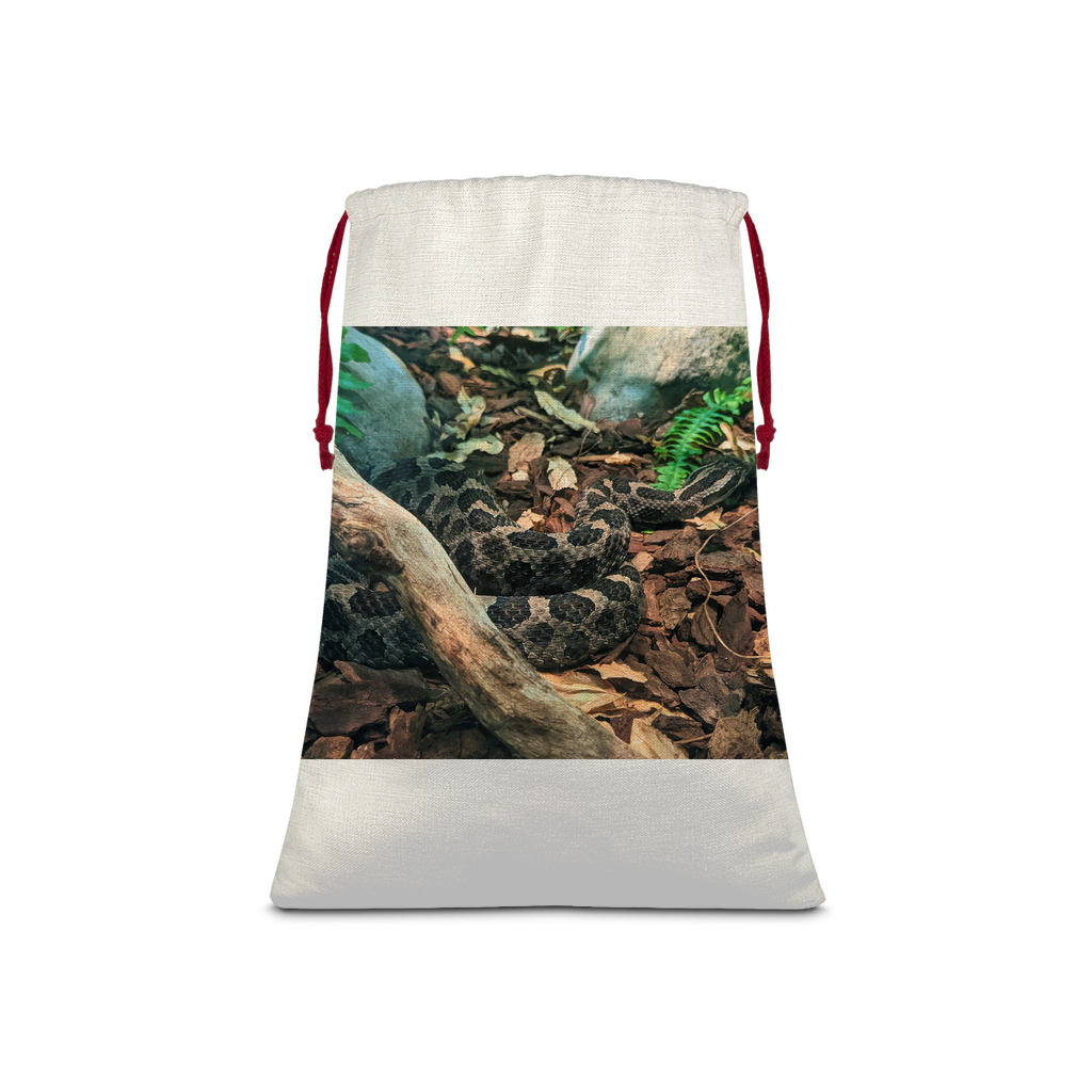 Snake Sublimation Linen Drawstring Sack with red drawstring, featuring a stylish linen effect, perfect for Christmas gifts and laundry.