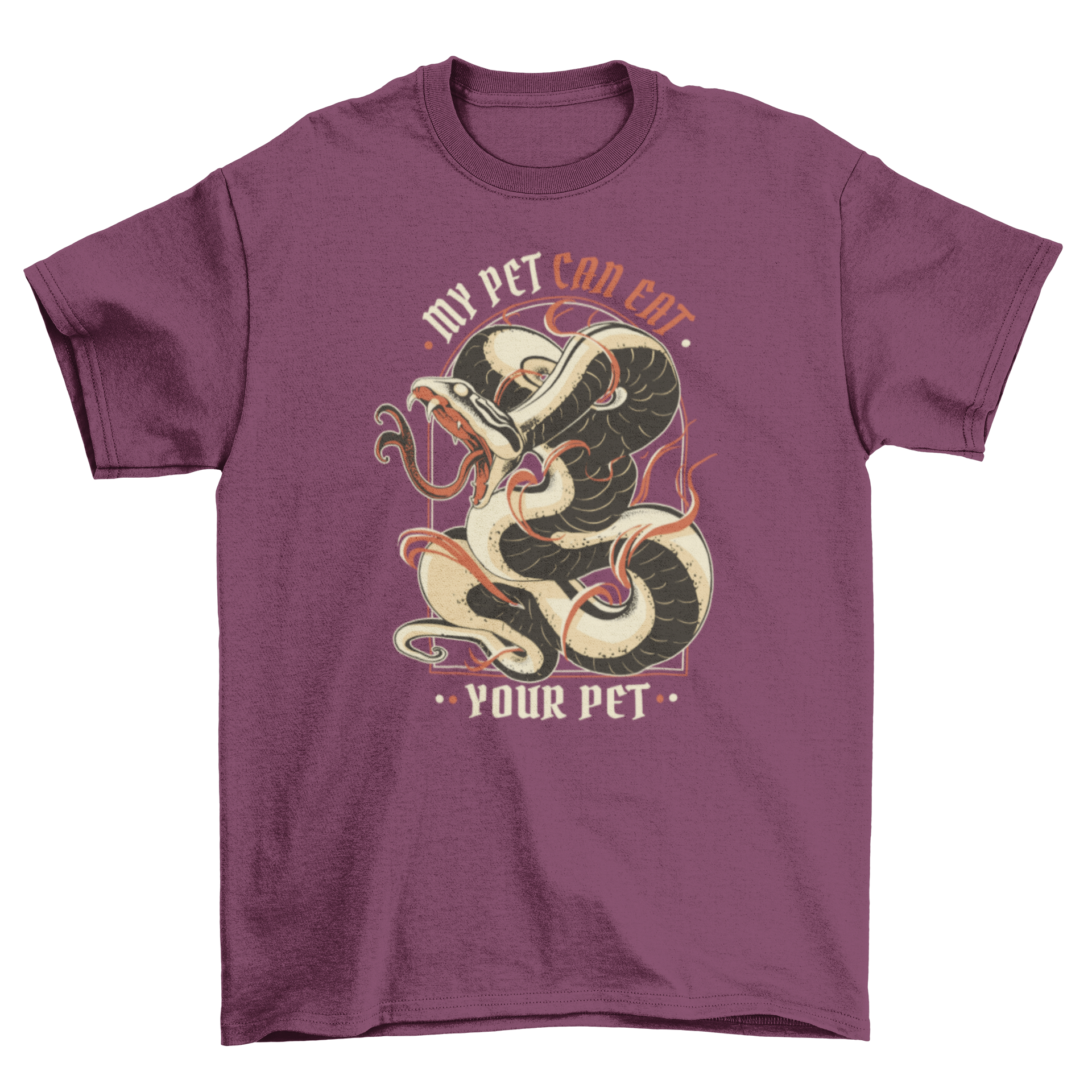 A stylish t-shirt featuring a fierce snake design and the quote 'My pet can eat your pet', perfect for animal lovers.