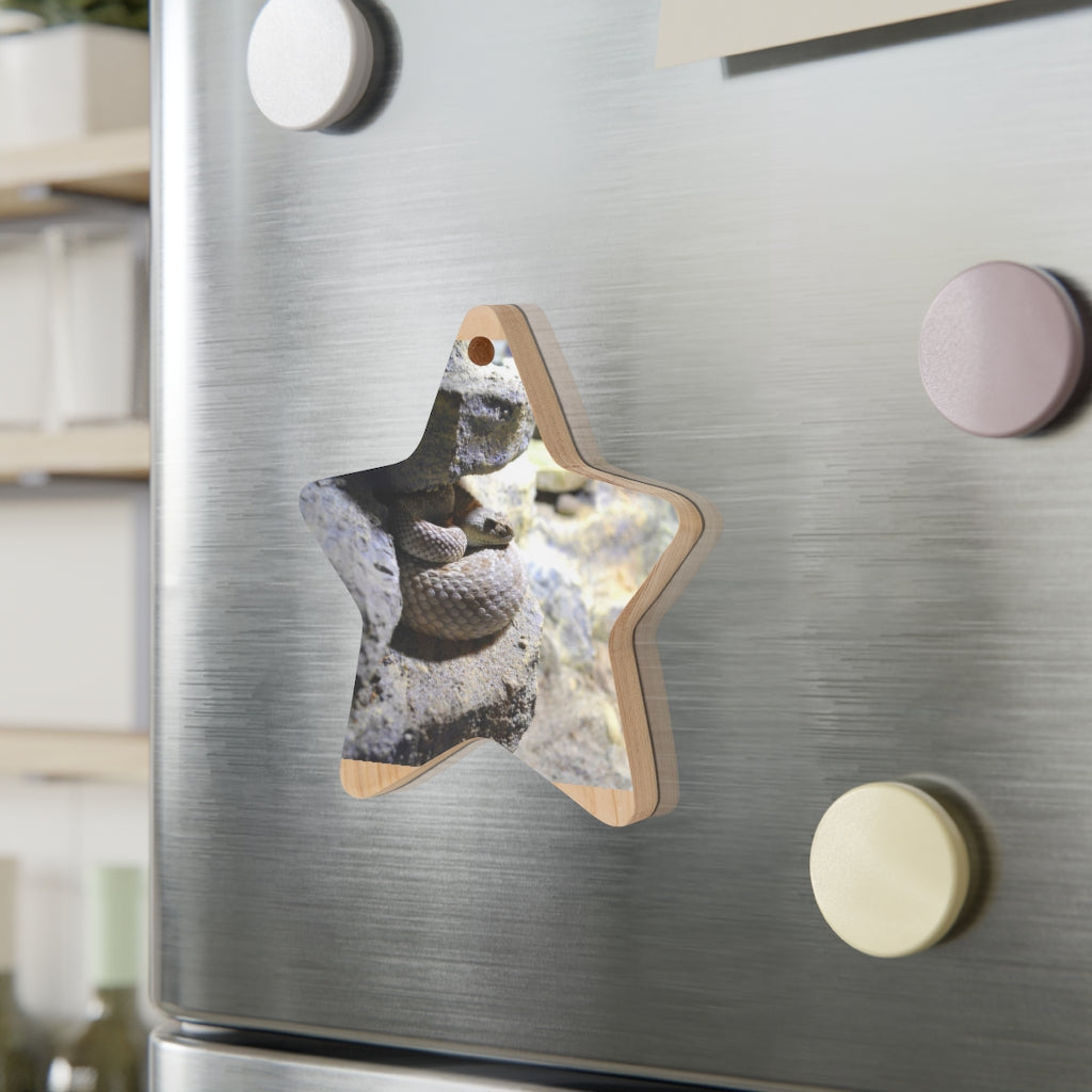 A collection of Snake Wooden Christmas Ornaments in various whimsical shapes, featuring a rustic wooden finish and red ribbons for hanging.