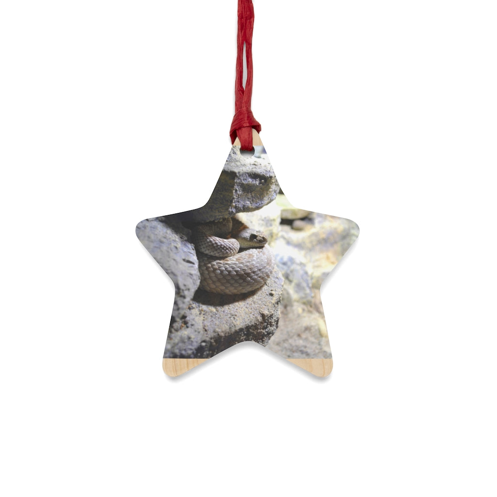 A collection of Snake Wooden Christmas Ornaments in various whimsical shapes, featuring a rustic wooden finish and red ribbons for hanging.