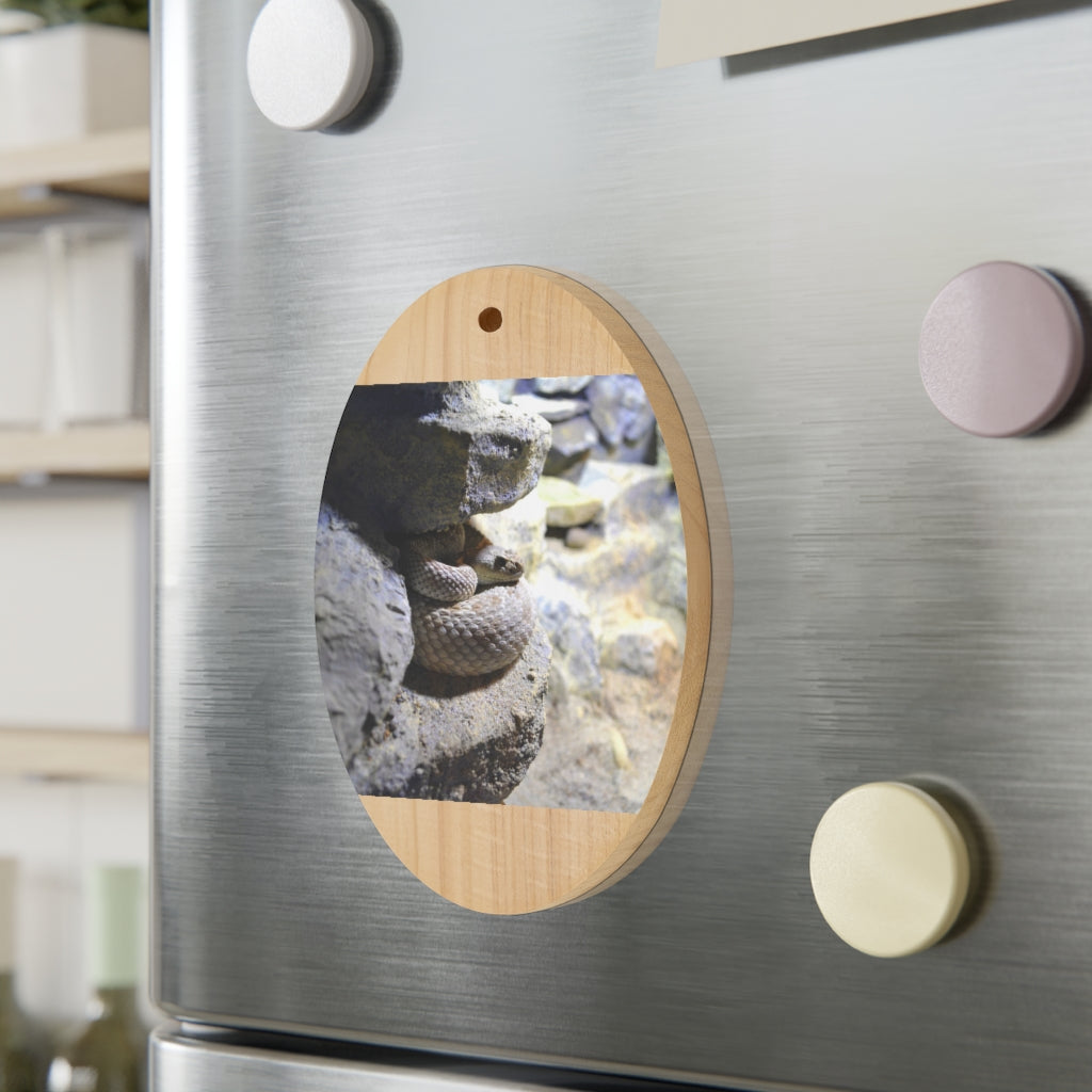 A collection of Snake Wooden Christmas Ornaments in various whimsical shapes, featuring a rustic wooden finish and red ribbons for hanging.