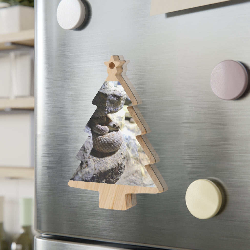 A collection of Snake Wooden Christmas Ornaments in various whimsical shapes, featuring a rustic wooden finish and red ribbons for hanging.