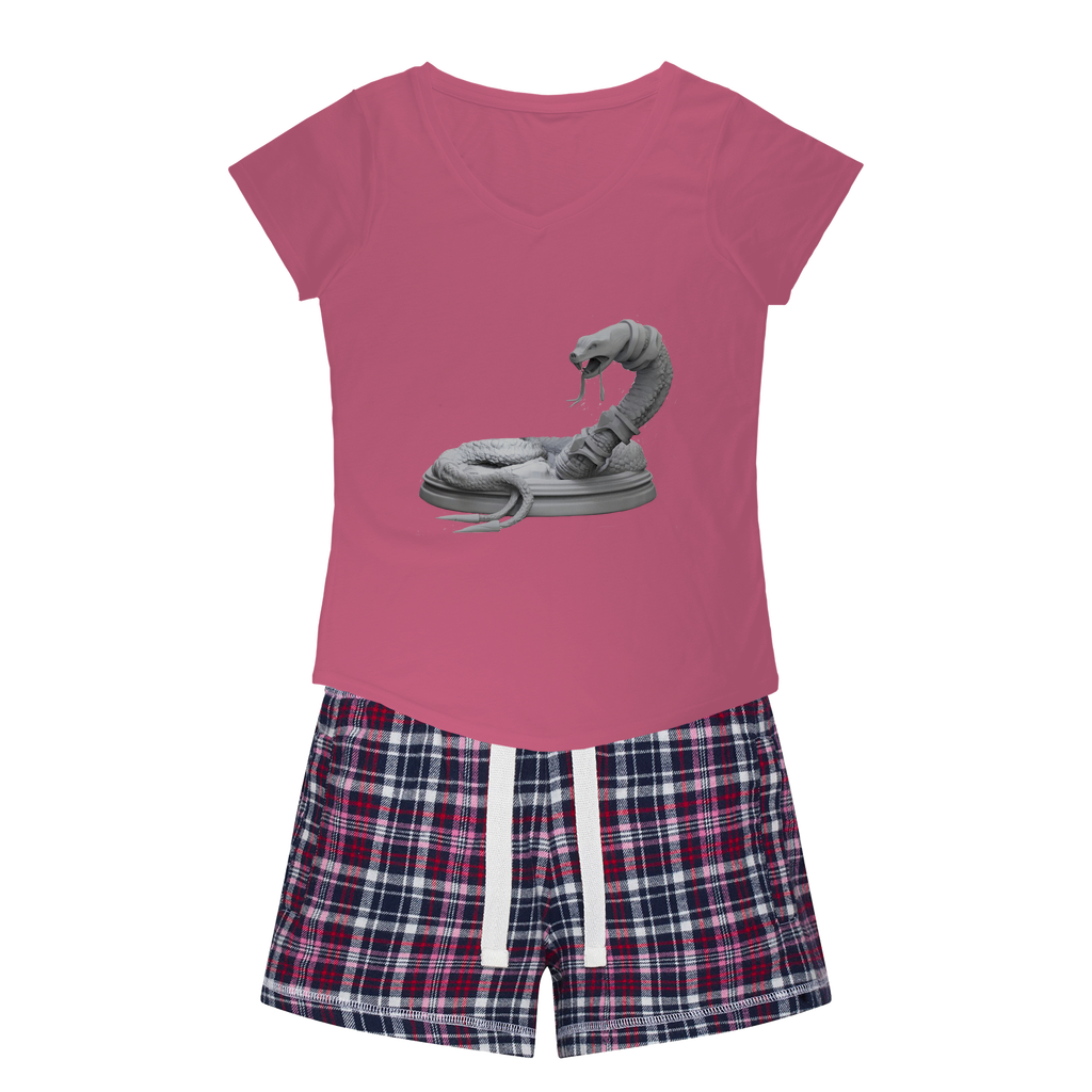 Snake Women's Sleepy Tee and Flannel Short set featuring a relaxed fit T-shirt and vibrant flannel shorts, perfect for cozy nights.