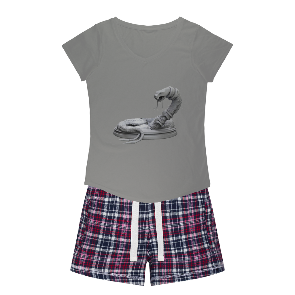 Snake Women's Sleepy Tee and Flannel Short set featuring a relaxed fit T-shirt and vibrant flannel shorts, perfect for cozy nights.