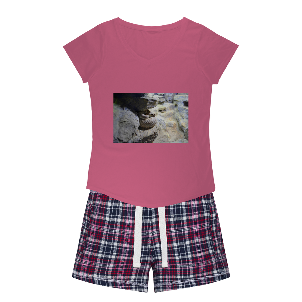 Snake Women's Sleepy Tee and Flannel Short set featuring a relaxed fit T-shirt with a curved hem and vibrant flannel shorts, perfect for cozy nights.