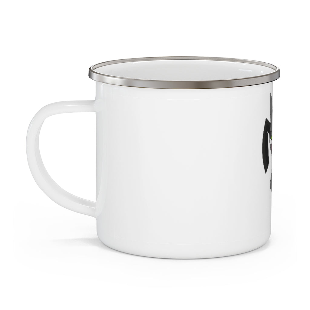 Snaughtnaut Enamel Camping Mug with a stylish design, featuring a C-handle and a vibrant custom print.