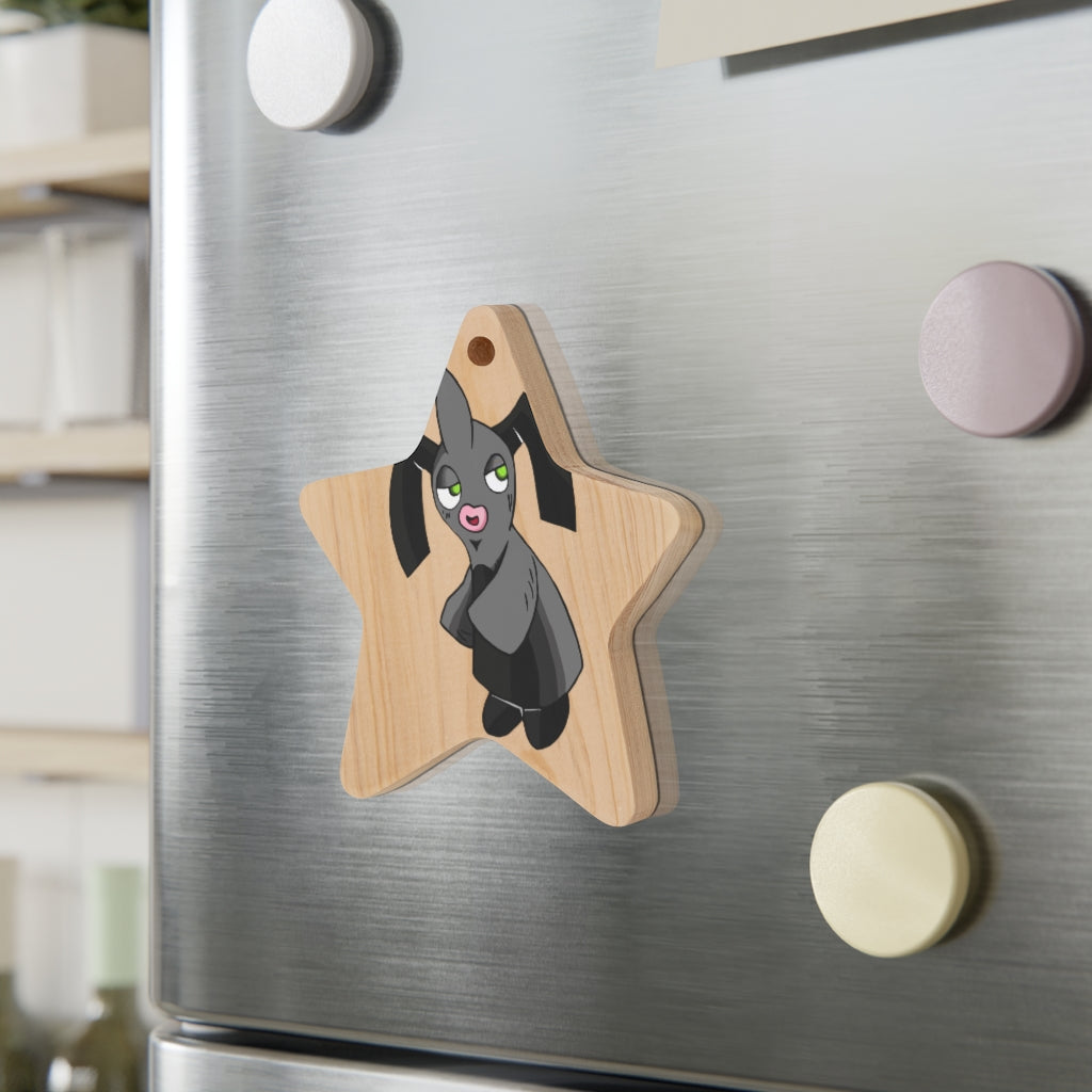 A collection of Snaughtnaut Wooden Christmas Ornaments in various whimsical shapes, featuring a rustic wooden finish and red ribbons for hanging.