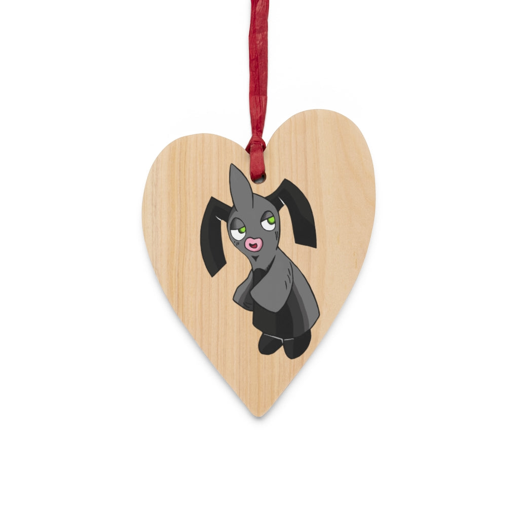 A collection of Snaughtnaut Wooden Christmas Ornaments in various whimsical shapes, featuring a rustic wooden finish and red ribbons for hanging.