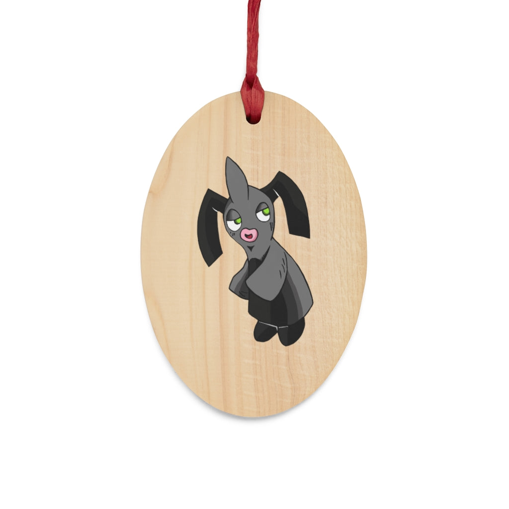 A collection of Snaughtnaut Wooden Christmas Ornaments in various whimsical shapes, featuring a rustic wooden finish and red ribbons for hanging.