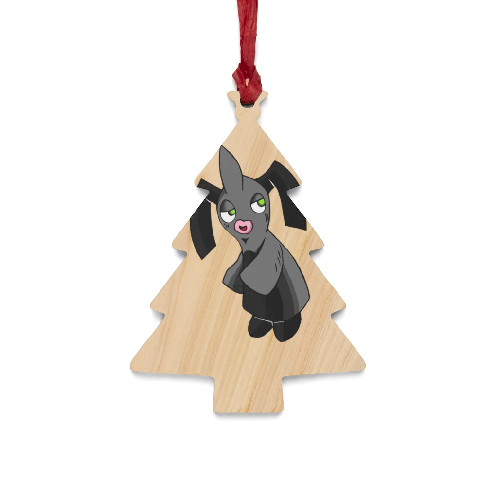 A collection of Snaughtnaut Wooden Christmas Ornaments in various whimsical shapes, featuring a rustic wooden finish and red ribbons for hanging.