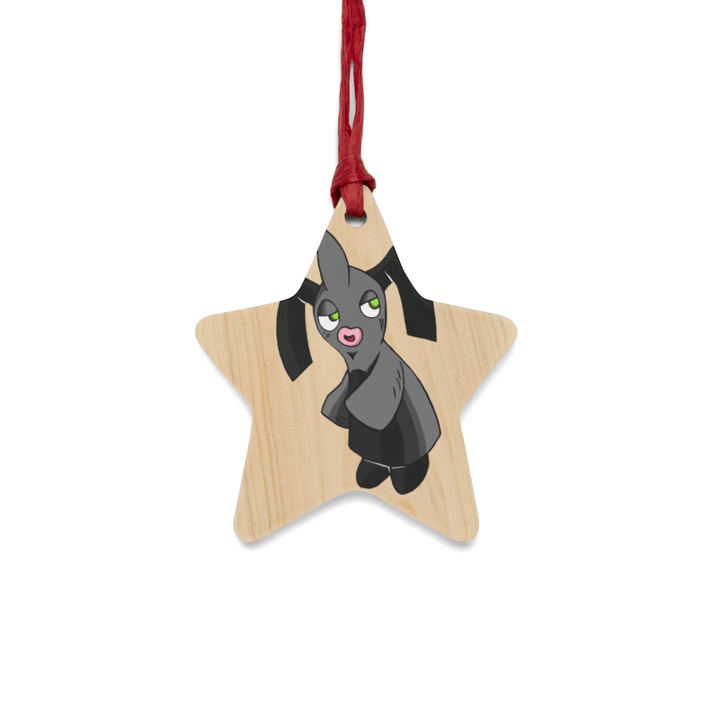 A collection of Snaughtnaut Wooden Christmas Ornaments in various whimsical shapes, featuring a rustic wooden finish and red ribbons for hanging.