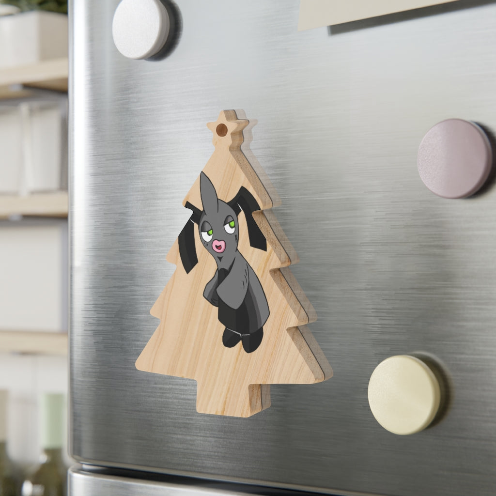 A collection of Snaughtnaut Wooden Christmas Ornaments in various whimsical shapes, featuring a rustic wooden finish and red ribbons for hanging.